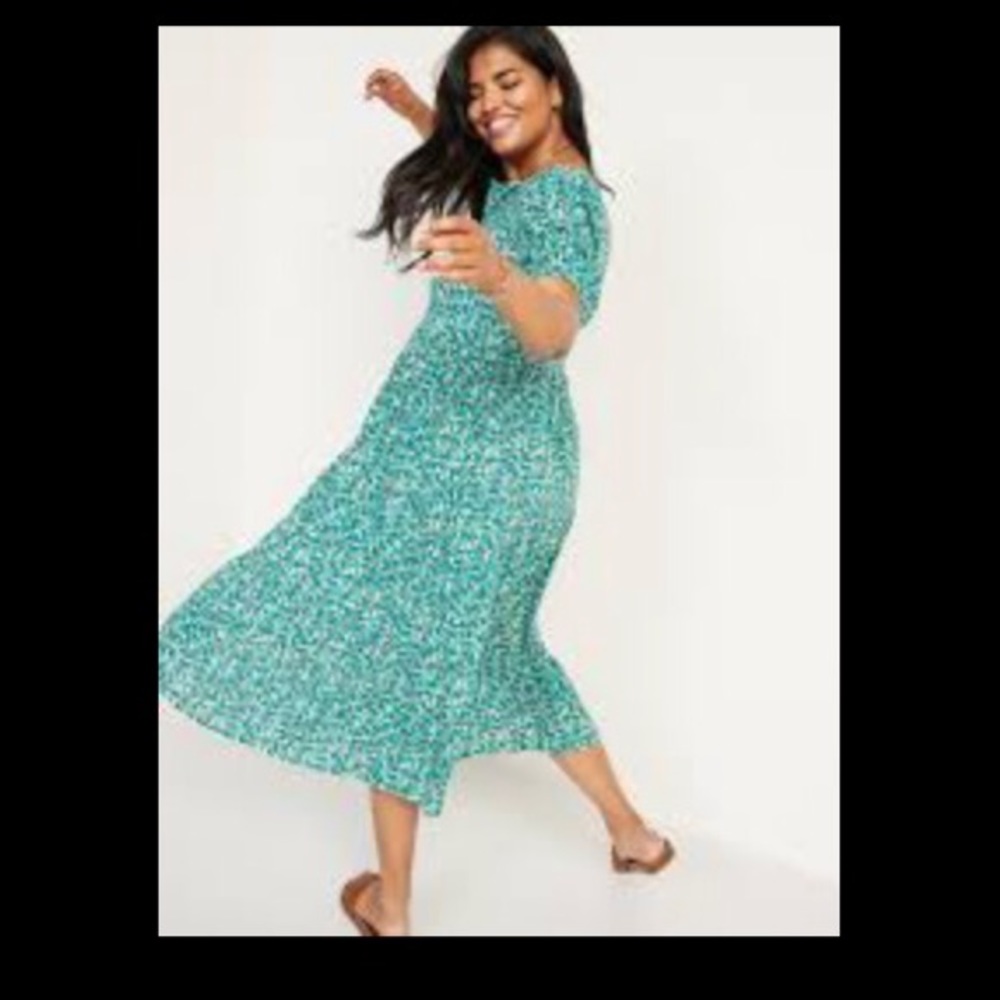 Floral Puff-Sleeve Button-Front Midi Swing Dress from Old Navy (XL)